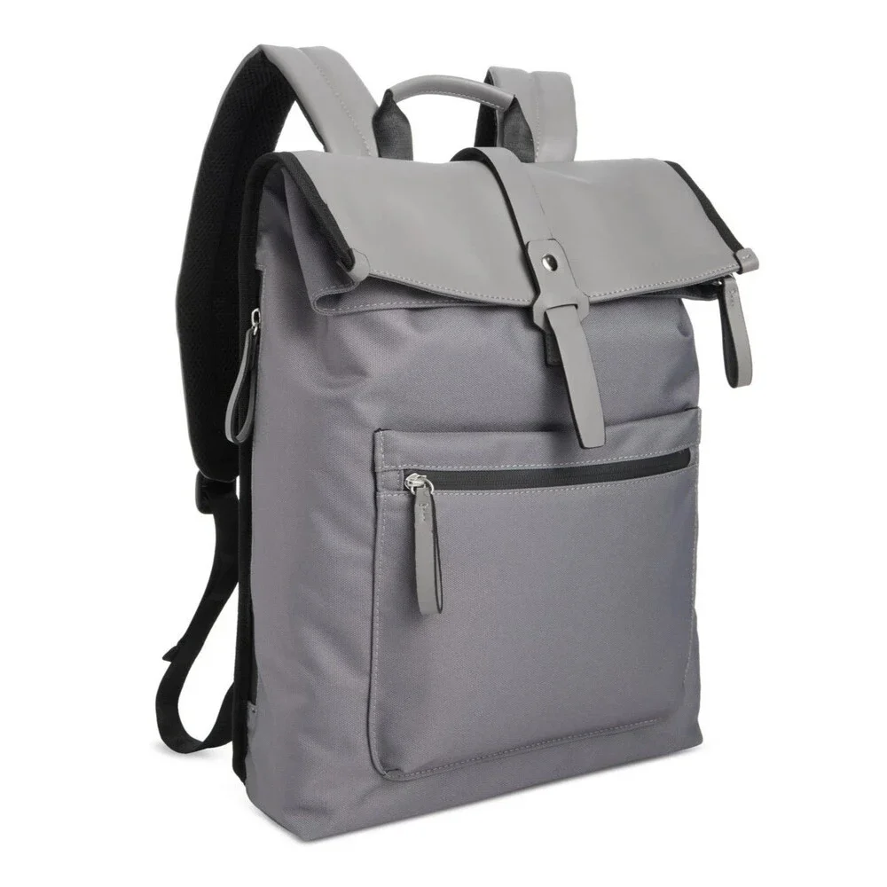 ALFANI Backpack Grey Canvas Roll Top Backpack Faux Leather Trim Laptop Sleeve - Picture 2 of 13